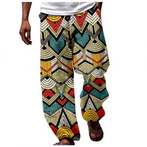 Pantalon sarouel pour homme - Tendance - Respirant - Avec impression ethnique africaine - D&eacute;contract&eacute; - Pantalon de plage hawa&iuml;en - Pantalon de vacances l&eacute;ger et &eacute;lastique - Jambes larges - Pour hip (ritogf, neuf)