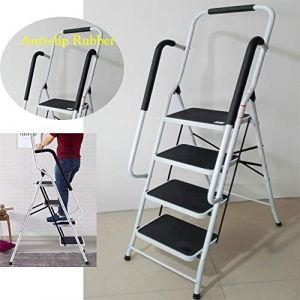 Escabeau 4 Marches avec Main Courante de S&eacute;curit&eacute; - Largeur Pliante - Antid&eacute;rapant Mat - Robuste - Charge Maximale de 150 kg (G-Star888, neuf)