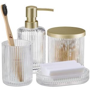 Navaris Set Accessoires Salle de Bain - Distributeur Savon Liquide en Verre avec gobelet Soucoupe Porte-Savon et Pot Coton - Dispenseur Rechargeable (SX-Commerce, neuf)