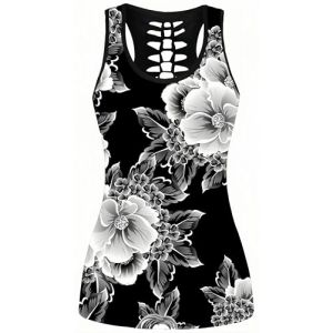 Ocean Plus Femme Crâne Sport Débardeurs Gothique Cache-cœur Gilet d'entraînement sans Manches Chemise Criss Cross Noir T-Shirt Halloween (S (Brustumfang: 80 cm), Fleurs Blanches) (Ocean Plus, neuf)