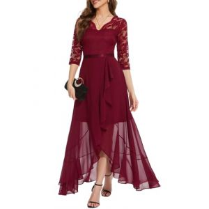 Bboninedress Robe de Mariée Femme Chic et Elegant de Soirée Cocktail Asymétrique pour Gala Anniversaire Mariage Dirty Dacing Cérémonie Témoin Col en V Dark Red XS (Bbonlinedress, neuf)