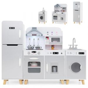 GOPLUS Cuisine en Bois Enfant, Jouet de Cuisine d'angle avec Effect Sonore et Lumi&egrave;res, R&eacute;frig&eacute;rateur, Machine &agrave; Laver, Hotte, Micro-Ondes, Rangement, Cuisine Modulaire de Jeu pour 3+ Ans (Gris) (Augenstern24, neuf)