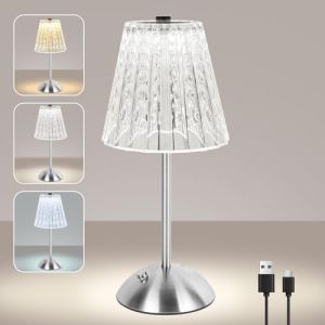 vsshe Lampe de Table Tactile Sans Fil, Petite Lampe de Table en Cristal Rechargeable &agrave; LED 2000mAh 3 Couleurs R&eacute;tro, &Eacute;clairage D'ambiance pour Chambre Salle &agrave; Manger Cuisine Bar D&eacute;coration D'int&eacute;rieur (tirehor, neuf)