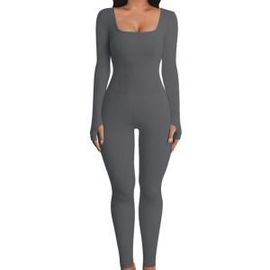 Rongseng Combinaison Femme Moulante Sport Yoga Jumpsuit Combinaison Bodycon en Tricot &agrave; col Carr&eacute; et &agrave; Manches Longues C&ocirc;tel&eacute; Une Pi&egrave;ce Jumpsuit Pour Gym Sports Fitness Club (Rongseng Direct Store, neuf)