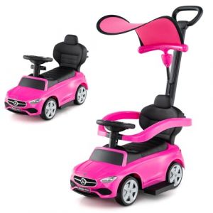 COSTWAY 3 en 1 Mercedes-Benz Porteur Enfant avec Volant & Klaxon & Son de Moteur, Voiture &agrave; Pousser Enfant avec Coffre sous Si&egrave;ge, Canopy R&eacute;glable, Charge 25kg pour Enfants de 18-36 Mois (Rose) (FDS GmbH, neuf)