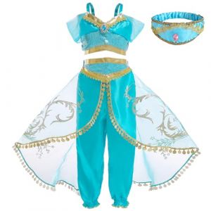 XFOZDM Deguisement Robe de Princesse Jasmine pour Enfant Fille, Aladdin Robe de Princesse Jasmine costume avec Accessoires pour Halloween Anniversaire Fêté Carnaval Cosplay Bleu 6-7 Ans Bandeaux 140 (senlinhuang, neuf)