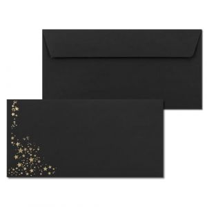 Lot de 25 enveloppes avec &eacute;toiles m&eacute;tallis&eacute;es - DIN long - Pluie d'&eacute;toiles dor&eacute;es en relief - Couleur : noir - Fermeture adh&eacute;sive - 120 g/m&sup2; - 110 x 220 mm - Id&eacute;al pour No&euml;l (GUSTAV NEUSER GmbH, neuf)