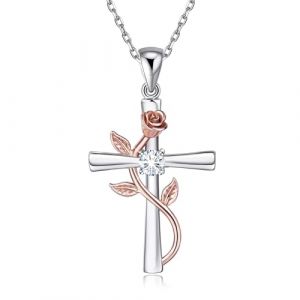 BlingGem Collier pour Femme Croix Rose en Argent 925/1000 Oxyde de Zirconium Plaqué Or Rose Fleur Pendentif Collier Fille Cadeau pour Femme 48 cm (BlingGem Collection, neuf)