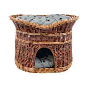 Panier pour chat pour dormir - Niche d'intérieur pour chat - Taille XL : 70 cm ovale - Niche pour chat en osier - Chiens à deux étages - Lit pour chat avec coussin lavable gris - Panier laqué (Damian-Wiklina, neuf)