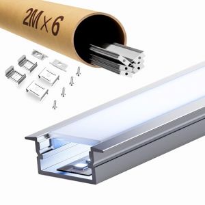 LASLUX 6 profil&eacute;s en aluminium de 2 m&egrave;tres pour bandes LED (12 m), conduits avec couverture mate, max 16,7 mm, profil aluminium 26,7 x 10 mm (JIDIHUWAI, neuf)