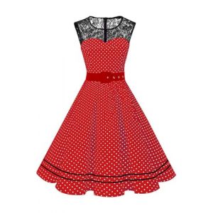 AXOE Femme Robe Vintage Années 50 Motifs Pois & Fleurs Ceinture Amovible Mariage Cocktail Tous Les Jours Rouge et Blanc à Pois, Taille 46, XXL (AXOE-FR, neuf)