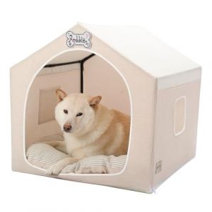 Jiupety Niche pour chien d'intérieur avec cadre, tente pliable et lavable, niche pour chien pour l'intérieur, lit pour chien ventilé avec toit pour 9 à 18 kg, taille L 64 x 64 x 64 cm, beige (Bite Pet, neuf)