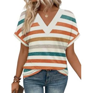 Cuptacc T Shirt Femme Col V Manche Courte Top Femme Coton Ete Tendance Amples Base Haut Tunique Rayures Orange Vertes, XL 46-48 (CuptaccFashion, neuf)