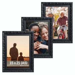 Victor Cadre Photo Rubens Set de 3 - en 15x21 cm (A5) Noir - Bar: 30x20mm - Verre Véritable - Châssis pour l'image Baroque - Antique - Ensemble de Cadres Photo 15x21 - A5 Ancien (Victor_Store, neuf)