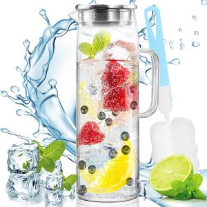 Snarflun Carafe en Verre de 1.5 Litre Pichet en Verre, Carafe Eau pour Boissons Chaudes et Froides avec acier inoxydable couvercle pour l'eau,lait,jus,th&eacute; glac&eacute;,le vin,limonade et mousseux Boissons (EL Group, neuf)