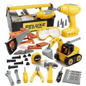 Lehoo Castle Boite Outils Enfant, Etabli avec Perceuse Électrique, Visseuse, Metre Ruban, Démonter et Assembler Voiture, Caisse a Outil Cadeau Montessori Jouets pour Enfant 3 Ans+ (KWANITHINK EU, neuf)