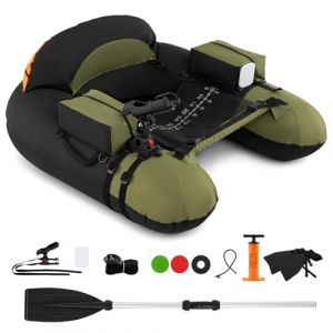 GOPLUS Float Tube Gonflable 1 Personne, Bateau de Pêche Pneumatique avec Pagaie en Alu., Charge 150KG, Palmes, Pompe Air, Porte-Canne Pêche Réglable, Poches Rangement (111 x 104 x 46 cm,Vert) (Augenstern24, neuf)