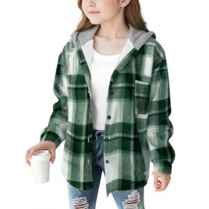 XINYUNZU Veste Fille à Capuche chaude Blouson à manches longues pour Filles - Boutonnée - Manteau à carreaux - Vêtement Hiver Manteaux Enfant et Ado 4-15 Ans Vert 170 (RBYWBT, neuf)