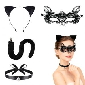 YUVKIN 4 Pi&egrave;ces Costume Chat Femme, Accessoires Costume Chat Adulte, Serre-t&ecirc;te Oreilles de Chat, Queue en Peluche, Collier, Masque, Ensemble Cosplay Chat pour Carnaval, Halloween, Soir&eacute;e &agrave; Th&egrave;me (HerEdit, neuf)