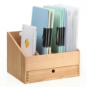 KIRIGEN Organisateur de Bureau en Bois avec 4 Compartiments et Tiroir &ndash; Porte-lettres, Range-documents et Porte-dossiers pour Bureau, Maison et &Eacute;cole Couleur naturelle (KIRIGEN, neuf)