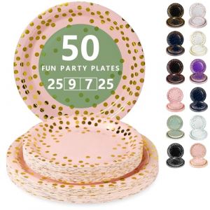 Nkaiso Assiette Jetable Anniversaire, 50 Pi&egrave;ces Rose et Or Vaisselle en carton - 25 Assiettes Plateaux 23cm & 25 Assiettes Dessert 18cm - Pour Mariage, Anniversaire & &Eacute;v&eacute;nements (Nkaiso, neuf)