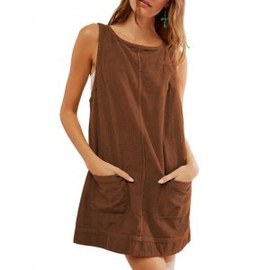 Haibang Robe en Velours C&ocirc;tel&eacute; Femme, Mini Robe sans Manches pour Femme, Jupe Salopette &agrave; Bretelle avec Poche, Casual Couleur Unie Jupe trap&egrave;ze, Marron (Haibang Store, neuf)