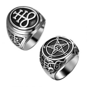 JewelryWe Bague Chevalière Homme Biker: Lot de 2 Bagues en Acier Inoxydable Satanique Style Biker Gothique Chevalière Homme Pentagramme du Diable Croix de Léviathan - Cadeau Anniversaire (JewelryWe Bijoux, neuf)