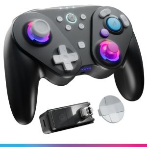 Oniverse Manette sans fil pour Switch/Switch 2/Gamecube/PC/Mobile, Autonomie 13h, Joysticks et g&acirc;chettes Hall Effect, Gyroscope, boutons macro, Mode Turbo, 4 modes LED - Foenix (Supreme Black) (Gpasplus, neuf)