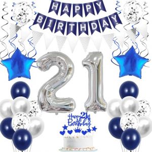 Décoration 21 ans homme anniversaire ballon argent bleu décoration gâteau anniversaire 21 ans homme femme ballon argent, 21 ans anniversaire homme ballon décoration gâteau 21 ans anniversaire (Crazy-M, neuf)