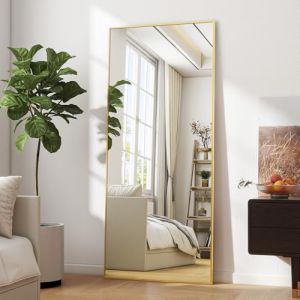 BEAUTYPEAK Miroir pleine longueur incassable 60 x 165 cm, miroir sur pied suspendu ou appuyé contre le mur, grand miroir de sol avec support pour chambre à coucher, salon ou dressing, doré (VOOBANG, neuf)
