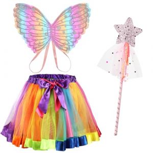 AUYAO 3Pcs Deguisement Papillon pour Fille, Papillon Costume de F&eacute;e Papillon, Papillon Ailes Enfants, Kit de Costume de F&eacute;e Papillon avec Baguette Magique Tutu Jupe D&eacute;guisement Carnaval No&euml;l Cosplay (Yadark, neuf)