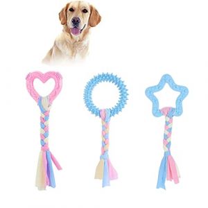 Jouets &agrave; m&acirc;cher pour Chiots, 3pi&egrave;ces ouet en Caoutchouc Anneau Durables pour Chien avec Cordes en Coton Jouets &agrave; m&acirc;cher agressifs Jouets pour Chiens Indestructible Rose pour Sant&eacute; Dentaire de Chien (DUJUANHONG, neuf)