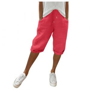 Short longueur genou pour femme Taille élastique Pantalon d'été décontracté Solide et léger Short court long avec poches Tenue Sport Femme Vetement Femme Chic (kWEX, neuf)