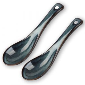 2 PCS Cuill&egrave;res &Agrave; Soupe Japonaises Bleues En C&eacute;ramiqeue, Cuill&egrave;res &Agrave; Soupe Japonaises Et Chinoises R&eacute;tro En Porcelaine, Cuill&egrave;re &Agrave; Soupe Chinoise En Porcelaine Bleu Pour Ramen Et Soupe Miso (WanBoRanWan, neuf)