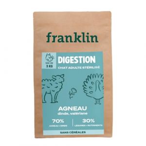 Franklin Bien-Être – Croquettes Chat Stérilisé Sensible – 3kg – 70% de Viande – sans Céréales – Digestion Facile – Anti Stress –Taille 10mm – Agneau, Dinde, Valériane (Franklin Pet Food, neuf)