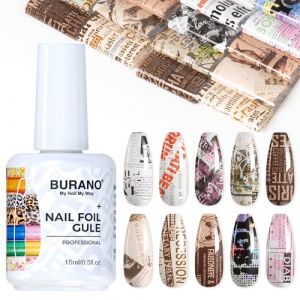 BURANO Nail Art Nail Foil Gel de colle, 15 ml 1 bouteille de gel de transfert de foile avec autocollants 10PCS, lampe LED UV Foils de conception d'ongles (BURANO Direct, neuf)