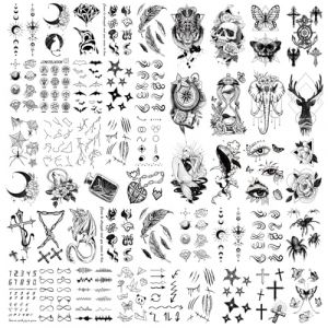 Acevegue 112 Feuilles Tatouage Ephemere Femme Homme, Faux Tatouages - Squelette Lion Serpent Lune Constellation Flamant Rose Fleurs Papillons, Autocollants Tatouage Temporaire Femme Réaliste (MaoKaiD, neuf)