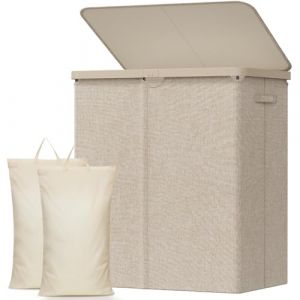 Lifewit Panier a Linge 2 Compartiment 140L, Corbeille a Linge Plastique avec Couvercle, Grand Bac a Linge avec Plastique Poignées et Double Sacs Amovibles pour Chambre, Salle de Bain, Buanderie, Beige (Lifewit Home FR, neuf)