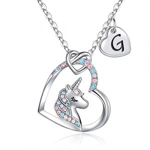 TINGN Cadeau pour les Filles Collier Licorne, Plaqu&eacute; Or Blanc 14 Carats CZ Pendentif de C&oelig;ur Licorne Collier pour Fille Cadeau Licorne Initiale G Licorne pour Femme Cadeaux pour Filles Bijoux (TINGN JEWELRY, neuf)