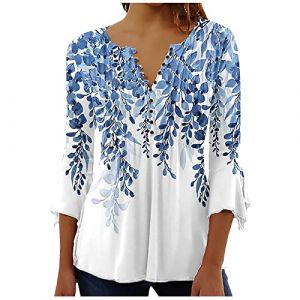 Susenstone Chemisier Femme Chic et &Eacute;l&eacute;gant Manches 3/4 Tshirt Imprim&eacute; Pliss&eacute; Henley Tshirt Col V Blouse Mousseline de Soie Boheme Haut Manche Courte Tunique &Eacute;t&eacute; Plage Travail Tunique Top 03# Bleu XL (⭐⭐⭐⭐⭐Susenstone, neuf)