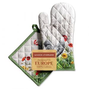 Maison d' Hermine Basse Cour Ensemble Comprenant 1 Gant de Cuisine 100% Coton (19cm x 33cm) et 1 manique (20cm x 20cm) pour Barbecue, Cuisson, grillade, Micro-Ondes, Printemps et été (Maison d' Hermine EU, neuf)