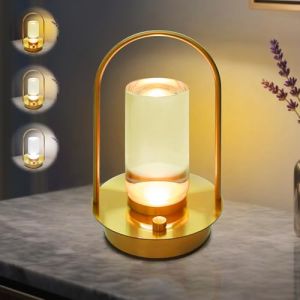 Lampe de table LED à intensité variable sans fil, chargement USB portable, 3 températures de couleur, avec commande tactile, lampe de table à batterie, lampe de chevet dorée, lanterne portable en (EverTre, neuf)