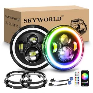 SKYWORLD 7 pouces Rond Phare Auto Moto LED avec Anneau de Montage, 50W Phare de Travail Blanc RGB 4 Modes Eclairages Feux Off Road Feu Croisement DRL HI LO Beam pour Wrangler JK TJ LJ CJ Hummber (SKYWORLD-EU, neuf)