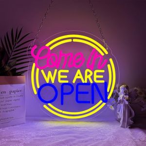 Panneau Lumineux Ouvert,Come In We are Open Enseigne Lumineuse pour Bar Club Party Boutique Pub F&ecirc;te Restaurant,Ouvert Dimmable Eclairage LED Cadeau pour Madame Monsieur USB Powered (12,79"&times;12,79") (CHAOYANGNEON, neuf)
