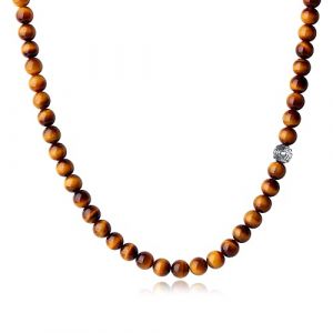 GAVU Collier Perle Marron Homme, Collier Œil de Tigre Homme, Collier Fleur de Lis, 60cm (GAVU, neuf)