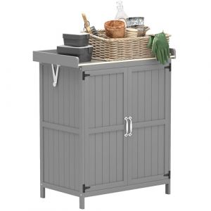 Outsunny Armoire de Jardin en Bois avec 2 Portes et étagère, abri de Jardin Toit à charnières Dessus en Acier Inoxydable, Table de rempotage, Table de Jardinage pour terrasse, 74 x 43 x 88 cm, Gris (Aosom FR, neuf)