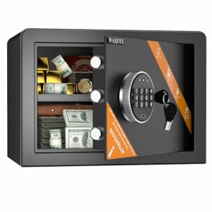 WASJOYE 25L Coffre-Fort Numérique, Coffre-Fort à l'Argent avec Clavier Electronique, Armoire Safe de Sécurité avec Clés pour la Maison, le Bureau, l'Hôtel, les Bijoux, les Armes à Feu (BigSN, neuf)