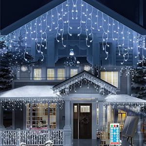 KINGCOO Rideau Lumineux Solaire Extérieur, Étanche 10M 300LED Guirlande Lumineuse Rideau Lumineux Intérieure avec Télécommande 8Modes pour Jardin Noel Fete Mariage Fenêtre Décoration (Blanc) (KINGCOO-Direct, neuf)