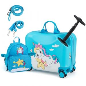 DREAMADE Valise Roulette Enfant 18" et Sac &agrave; Dos 12" avec Bandouli&egrave;re R&eacute;glable Bagage Cabine Enfant 3+Ans avec Roues Pivotante 360&deg; Bagage &agrave; Main Fille et Gar&ccedil;on Charge 50KG+8KG (Licorne Bleu) (DREAMADE, neuf)