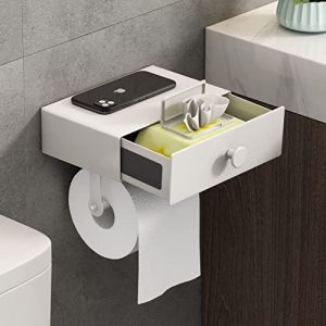 VOLDRA Porte Papier Toilette Mural, Derouleur Support Papier Toilette Murale avec éTagèRe Sans Percage Porte Papier Wc avec lingettes Tiroir Adhésif DéVidoir Papier Toilette Toilet Paper Holder(Blanc) (Voldra FR, neuf)